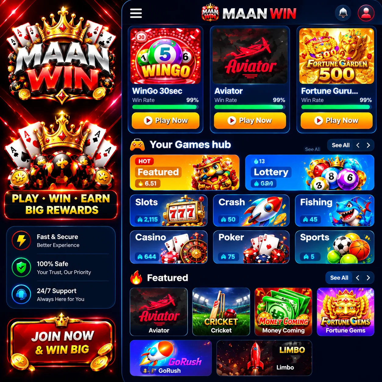 MAAN WIN gaming dashboard artwork with Wingo, Aviator and game categories